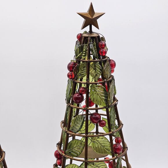 Vintage Beaded Christmas Tree Tealight Holder-Festive Ivy & Berries Metal Décor - Picture 6 of 10